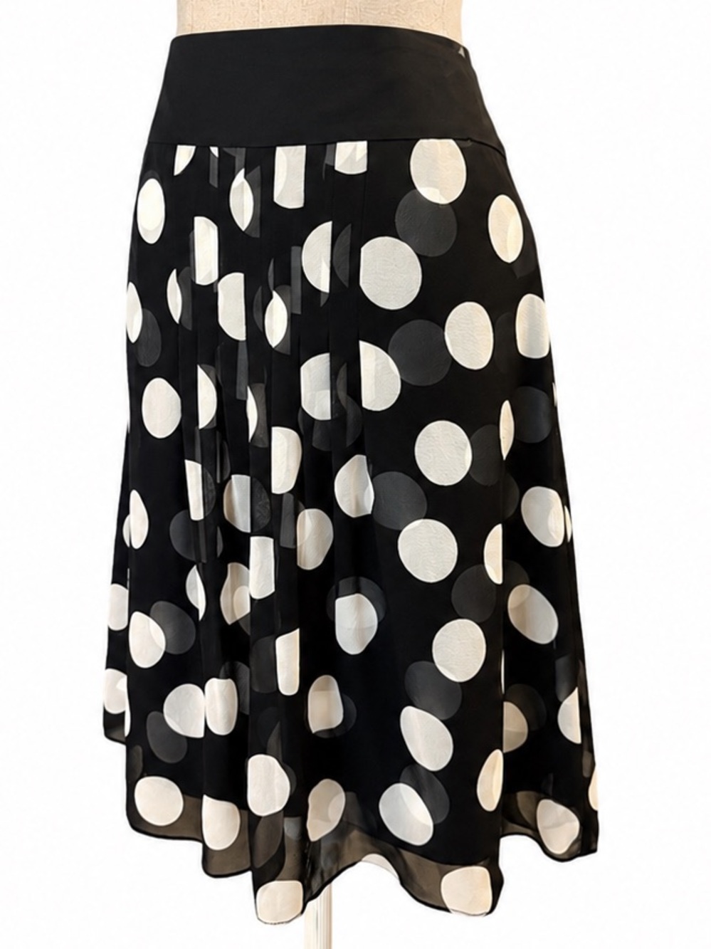 Ann Taylor Silk Polka Dot Pleated Midi Skirt Black White Sheer A-Line Size 6 - Picture 2 of 12